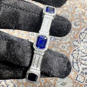 Judith Ripka sterling silver 925 emerald cut blue Corundum cuff bangle Bracelet